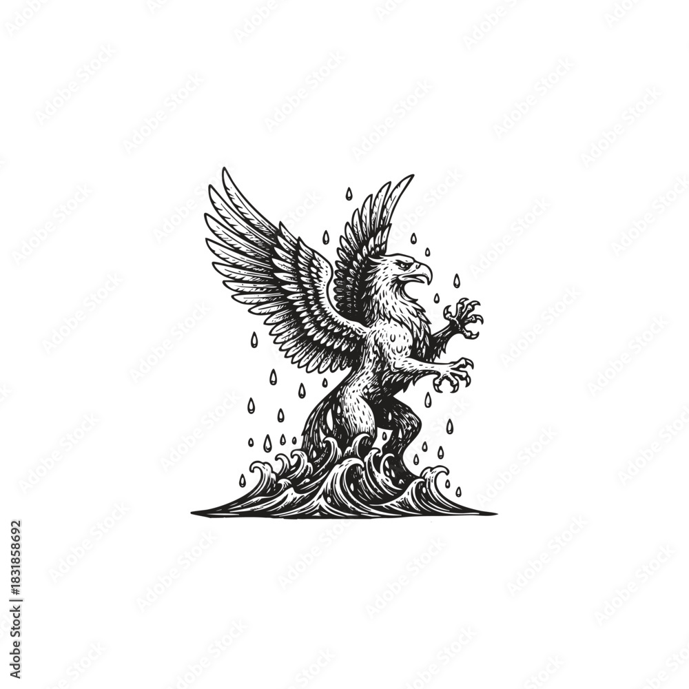 Fototapeta premium vector illustration of a majestic Griffin or Gryphon standing aggressively on churning ocean waves with drops of water falling around it