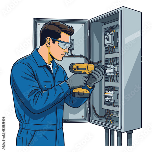 Electrician with Drill Inspecting Electrical Panel Wiring, Safety Glasses & Protective Gear