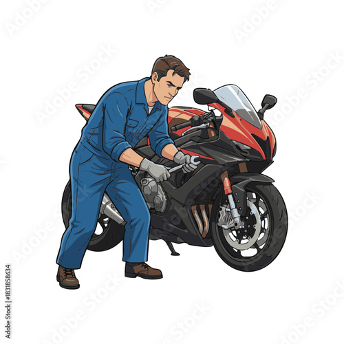 Professional motorcycle mechanic in blue overalls using a wrench for engine repair on a modern sport bike