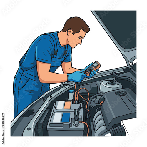Mechanic inspecting a car battery with a voltage meter, checking the electrical system of an automobile for diagnostic purposes
