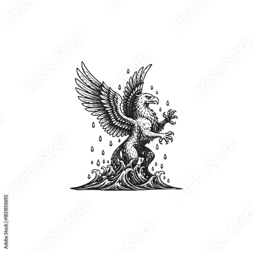 vector illustration of a majestic Griffin or Gryphon standing aggressively on churning ocean waves with drops of water falling around it