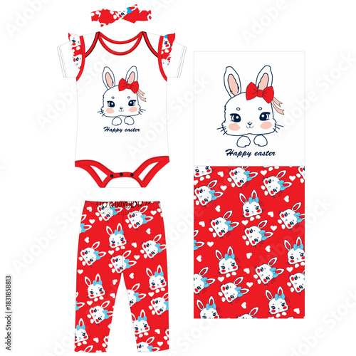 baby girls  bodysuit with pant hairband bunny print 