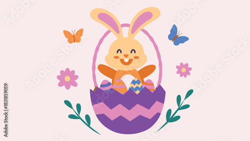 Cute cartoon easter bunny peeking out of a cracked egg filled with colorful patterned eggs surrounded by butterflies and flowers on a light pink background