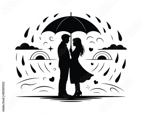 Romantic couple silhouette under umbrella in rain with hearts and rainbows