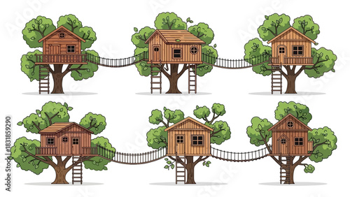 Charming treehouse community connected by suspension bridges in a forest, a detailed vector illustration of a fantasy treetop village