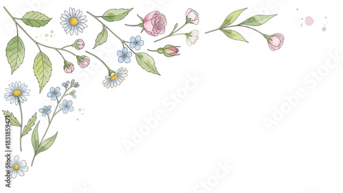 Watercolor Floral Corner with Daisies, Forget-Me-Nots, and Roses Illustration