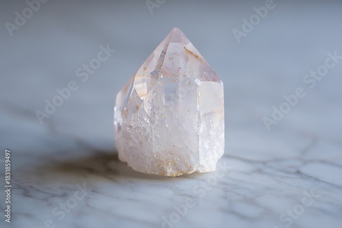 Clear Quartz Crystal Point on Marble Background