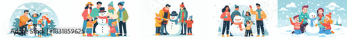 family making snowman with cheerful expressions. Vektor, design, minimalist, illustrations, set icon