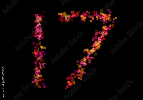 Number Seventeen, 17 made with multicolored bokeh lights effect, Bokeh abstract isolated on black background, Blur, Glitter, Defocused, Seamless polka dot pattern, Creative, Illustration design