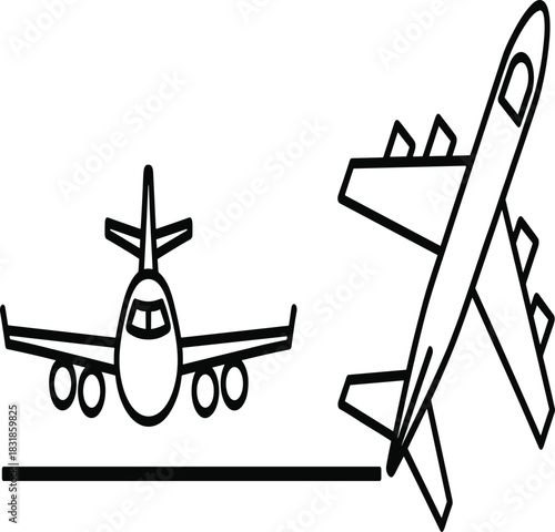 Minimal line art vector illustration of two passenger airplanes, one on the runway preparing for takeoff and another in flight, representing travel, airport, and global transportation concepts.