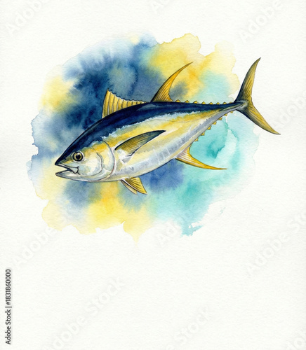 Yellowfin Tuna (Thunnus albacares) watercolor illustration. South Pacific tuna fish painting for interior decor and commercial design