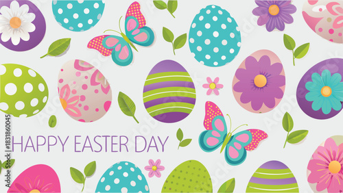 Happy easter day greeting with colorful decorated eggs butterflies flowers and green leaves on a light background festive spring holiday celebration design