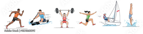 Modern athlete illustration set featuring multiple sports disciplines in energetic active poses