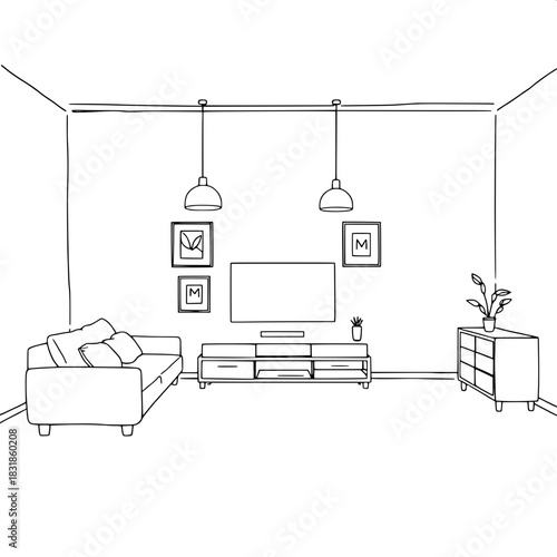 Minimalist monochrome living-room sketch, front-view. Features a cushioned sofa on the left, centered TV flanked by framed pictures, two hanging pendant lamps, and a small cabinet with plant on the ri