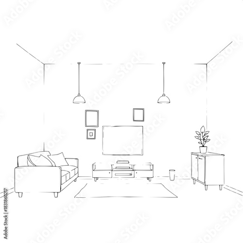 Minimalist monochrome living-room sketch, front-view. Features a cushioned sofa on the left, centered TV flanked by framed pictures, two hanging pendant lamps, and a small cabinet with plant on the ri
