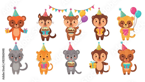 Adorable cartoon animal birthday party collection featuring cheerful characters with gifts, cakes, and balloons for festive designs
