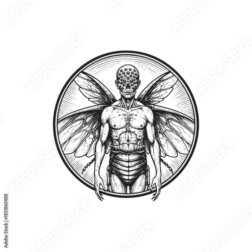 vector illustration surrealism of a humanoid creature with a muscular body, insect wings, and a head covered entirely in compound eyes