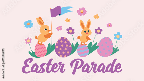 Cute easter parade illustration featuring cartoon bunnies and chicks celebrating with decorated eggs and colorful flowers on a pastel background