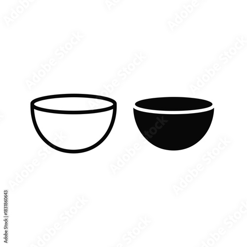 Two stylized bowls are shown side-by-side, one outlined and one solid black.