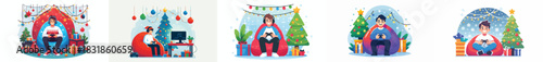 Gamers sitting on bean bags playing games. Gamer Christmas. Vektor, design, minimalist, illustrations, set icon