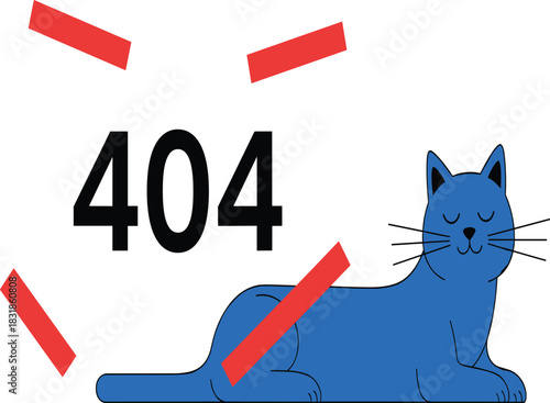 Minimalist flat vector illustration of a relaxed blue cat and a large 404 error code, representing a web page not found, broken link, internet error, and cute digital design concept.