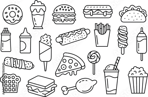 Black and white fast food icons featuring burgers pizza fries drinks desserts snacks hot dogs tacos popcorn and street food elements