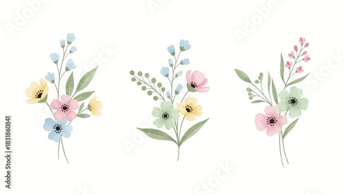 Delicate watercolor floral bouquets with pastel blossoms and lush green leaves, perfect for spring designs, invitations, and decorative vector art