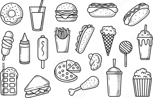 Black and white fast food icons featuring burgers pizza fries drinks desserts snacks hot dogs tacos popcorn and street food elements