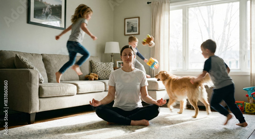 A parent meditates peacefully as kids play joyfully in a cozy living room