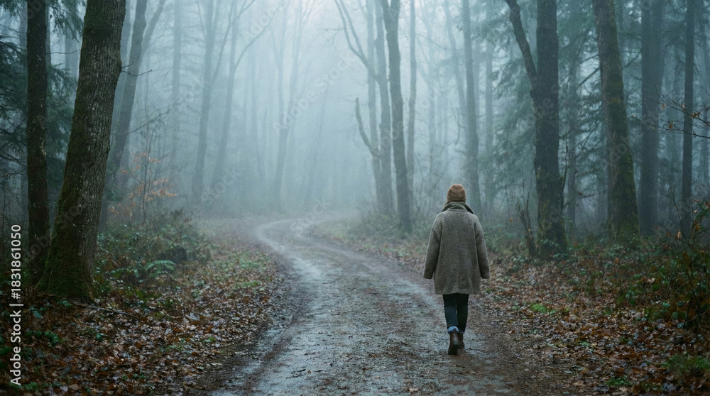 Naklejka premium A woman strolls along a winding path in a foggy forest during a cool day