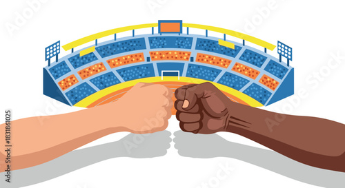 Colorful arm wrestling arena scene with diverse hands in fist bump gesture