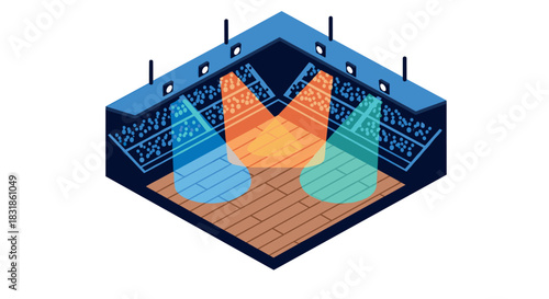 Isometric indoor arena with colorful spotlights and audience in blue seating