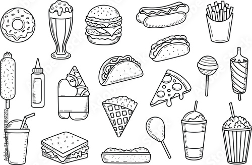Black and white fast food icons featuring burgers pizza fries drinks desserts snacks hot dogs tacos popcorn and street food elements