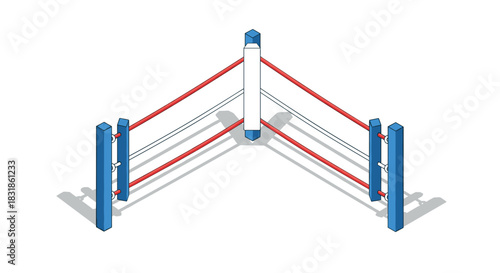 Isometric boxing ring with red blue corners and ropes on white background