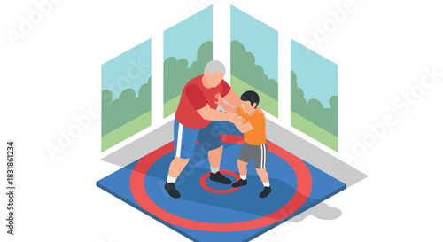 Grandfather and grandson wrestling on a mat in bright room