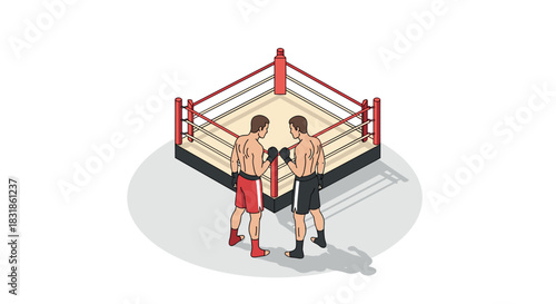 Isometric boxing ring scene with two fighters facing off
