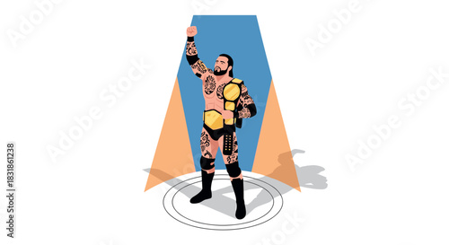 Champion wrestler celebrating victory on stage in spotlight