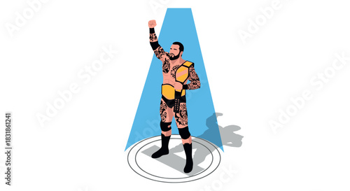 Champion wrestler in spotlight with belt and tattoos celebrating victory