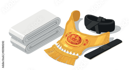 Isometric martial arts essentials: uniform, embroidery, and achievements