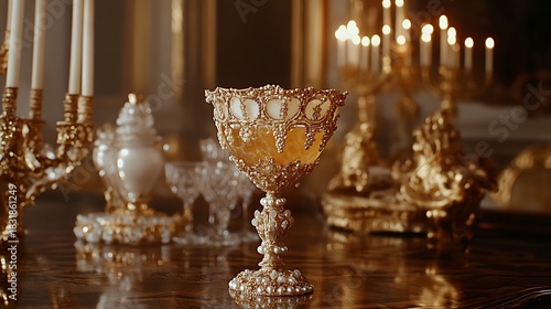 A pearl encrusted goblet with soft drink resting on a royal dining table