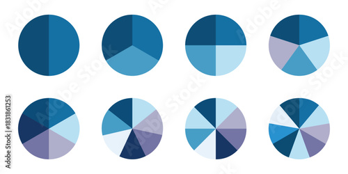 Set of colorful pie charts. Colorful pie charts with varying segments. Circle section graph. Pie chart set. Pie charts diagrams. Different color circles. donut and pie chart infographic elements set.