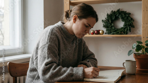 Woman writing in a notebook at a desk with cozy home decor