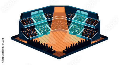 Isometric basketball arena with dynamic lighting and audience