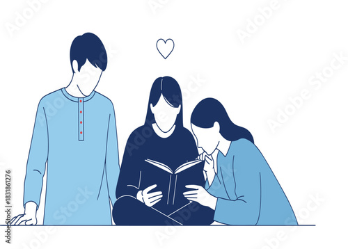 Minimalist flat vector illustration of three people collaboratively reading a book, symbolizing group study, shared knowledge, literacy, teamwork, and lifelong learning or mentorship concepts.
