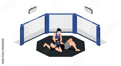 Isometric mma fighters compete on hexagonal cage arena
