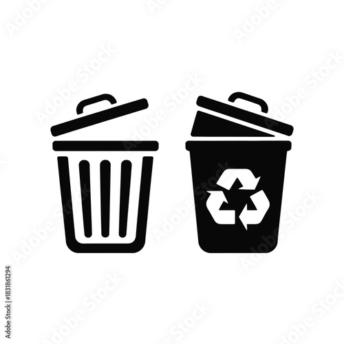 Two trash cans are depicted, one with a recycling symbol, illustrating waste management.