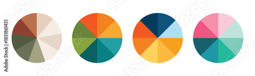 Pie chart set. Colorful diagram collection with sections or steps. 1,2,3,4,56,7,8,9,10,11,12 segment infographic. Circle pie chart diagram. Set of colorful pie charts with varying segments. eps 10