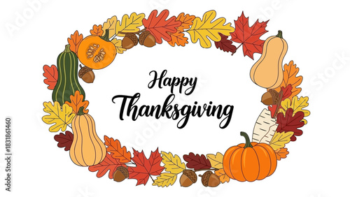 Happy Thanksgiving text surrounded by autumn leaves, pumpkins, squash, and acorns