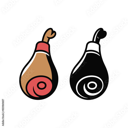Two stylized illustrations of cured ham, one in color and one in black and white.