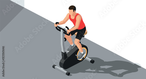 Fitness enthusiast in bright red shirt exercising on stationary bike